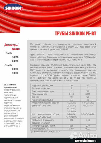 Труба для тёплого пола d 16, Россия, завод Sinikon