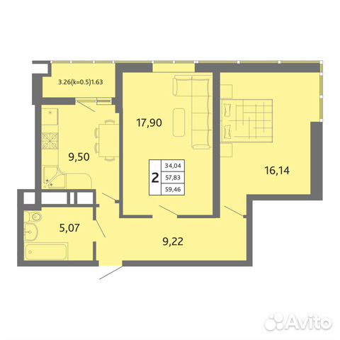 2-к квартира, 59.5 м², 18/19 эт.