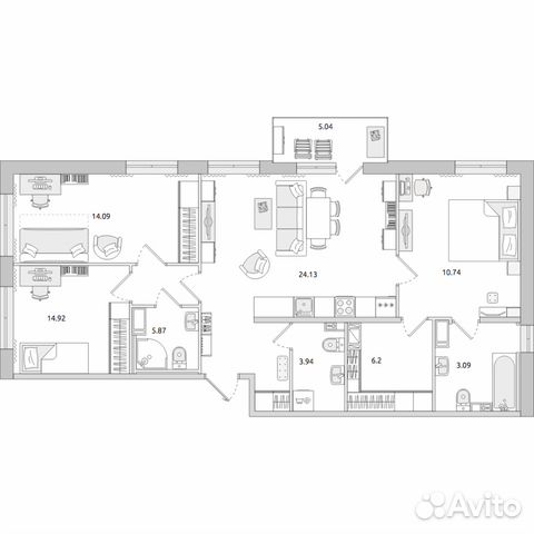 3-к квартира, 95.2 м², 6/14 эт.