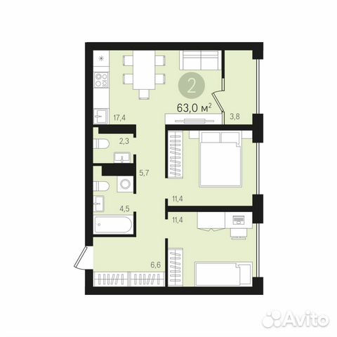 2-к квартира, 62.9 м², 5/8 эт.