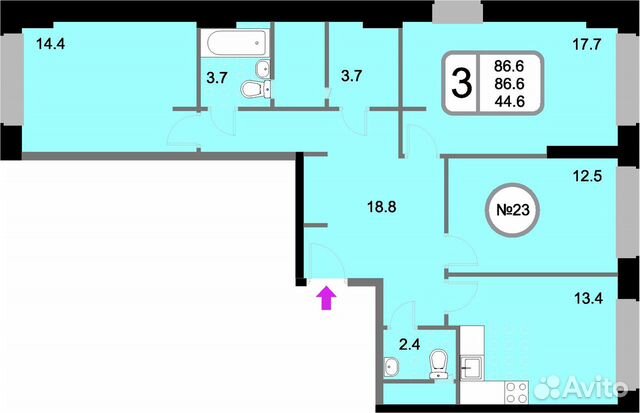 3-к квартира, 86.6 м², 4/22 эт.