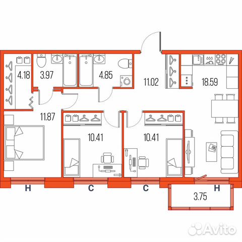 3-к квартира, 75.3 м², 14/22 эт.