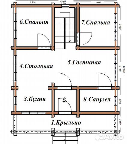 Дом из бревна ручной рубки 8х10 м с террасой Дом из бревна ручной рубки 8х10 м с террасой