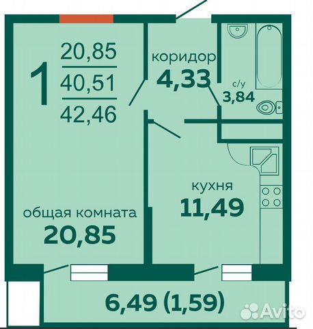 1-к квартира, 42.9 м², 4/16 эт. 1-к квартира, 42.9 м², 4/16 эт.