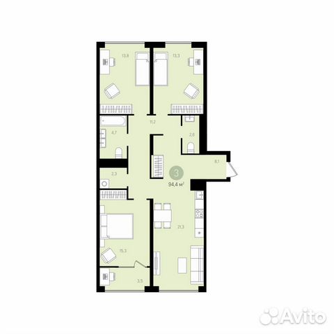 3-к квартира, 96.1 м², 3/12 эт. 3-к квартира, 96.1 м², 3/12 эт.