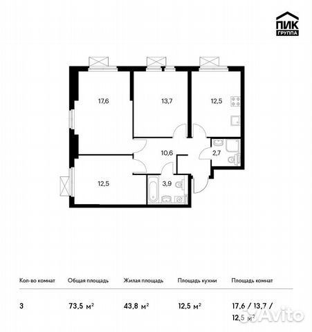 3-к квартира, 73.5 м², 6/31 эт.
