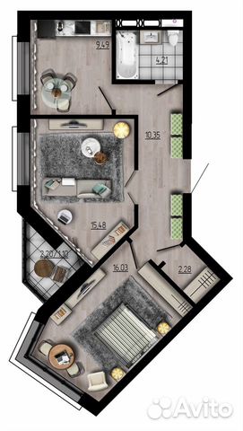 2-к квартира, 58.9 м², 6/9 эт.