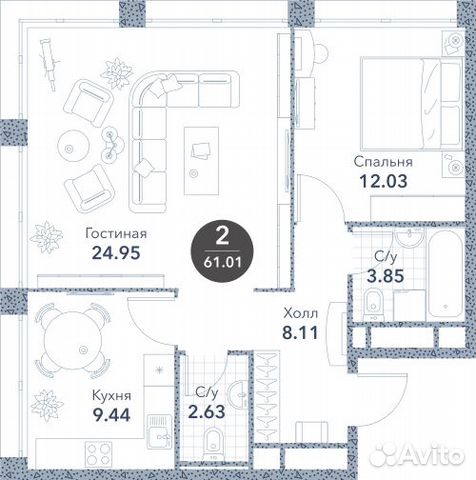 2-к квартира, 61 м², 15/20 эт. 2-к квартира, 61 м², 15/20 эт.