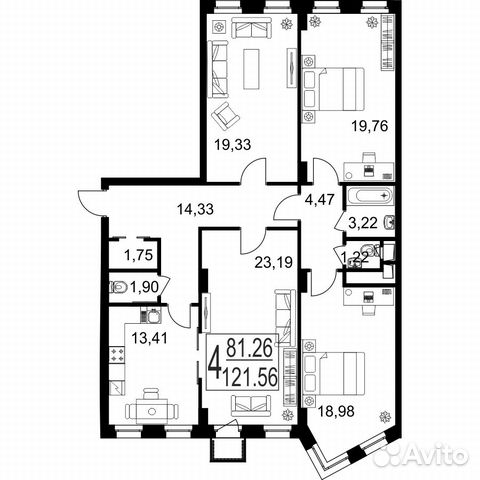 4-к квартира, 121.6 м², 9/18 эт. 4-к квартира, 121.6 м², 9/18 эт.