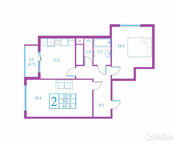2-к квартира, 61 м², 11/17 эт.
