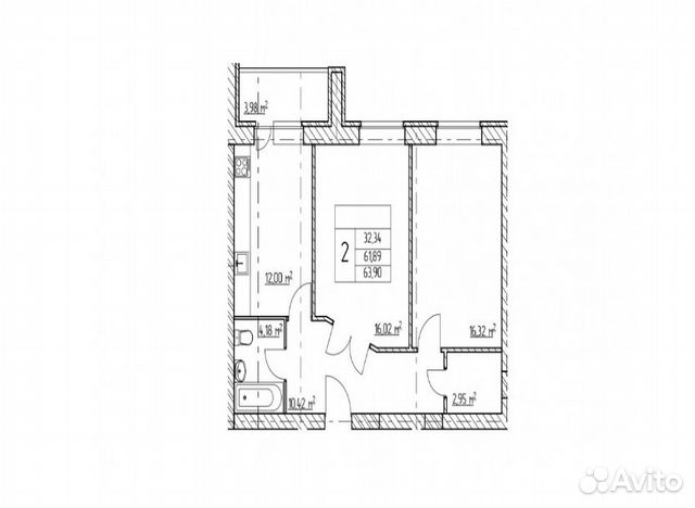 2-к квартира, 64.7 м², 1/6 эт.