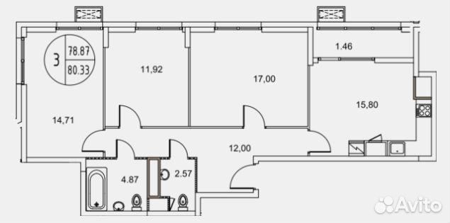 3-к квартира, 80.3 м², 18/21 эт. 3-к квартира, 80.3 м², 18/21 эт.