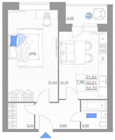 1-к. квартира, 53,7 м², 4/5 эт.