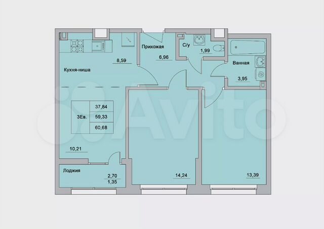 3-к. квартира, 60,7 м², 2/15 эт.