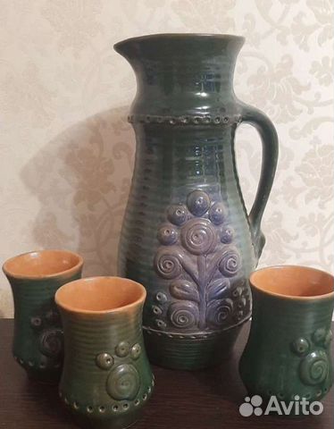 Глиняный кувшин СССР + три кружки