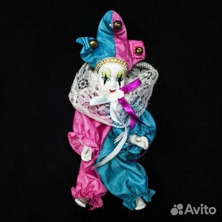 Кукла Арлекин в розово-зеленом, фарфор, Германия