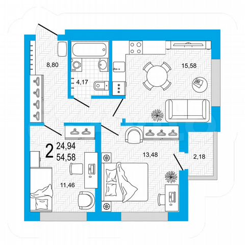 2-к. квартира, 54,6 м², 6/26 эт.