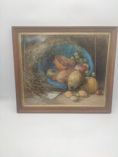 Картина антикварная натюрморт с фруктами акварель