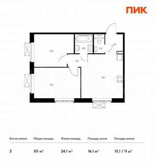 2-к квартира, 50 м², 6/9 эт.
