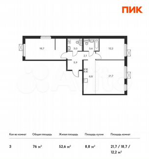 3-к квартира, 76 м², 15/25 эт.