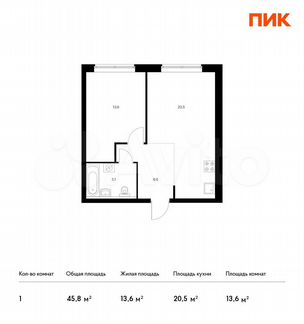 1-к квартира, 45.8 м², 4/21 эт.