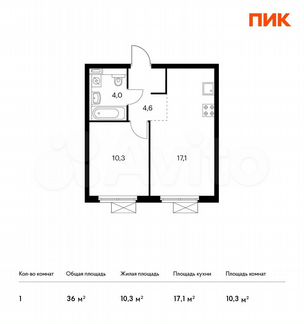 1-к квартира, 36 м², 17/17 эт.