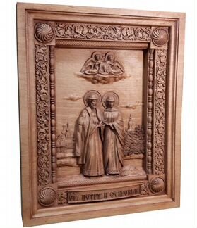 Резная икона из дерева Святые Петр и Феврония